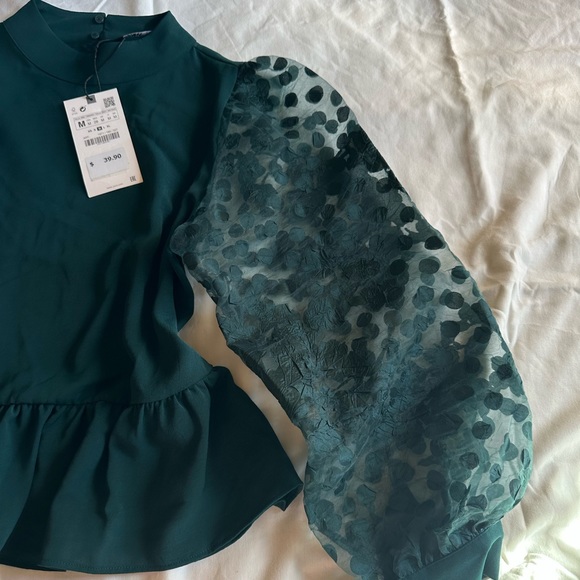ZARA green puff long sleeve mesh top NWT - Picture 3 of 7